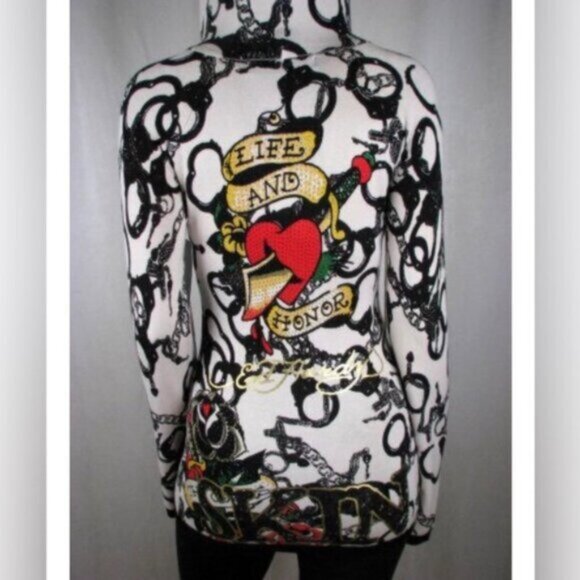 Ed Hardy RARE Vintage Y2K Hoodie Handcuffs Tattoo Crystal Knit Top Sweater L - Picture 11 of 16